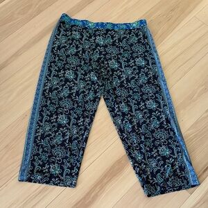 Susan Graver Blue and Green Floral Pants, wide leg, liquid knit, large